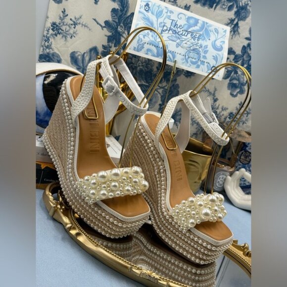 🆕 GIANNI BINI 🧿 NWOB Savanna Pearl Ornamented Platform Wedge Sandals, Sz 7.5 - Picture 4 of 12